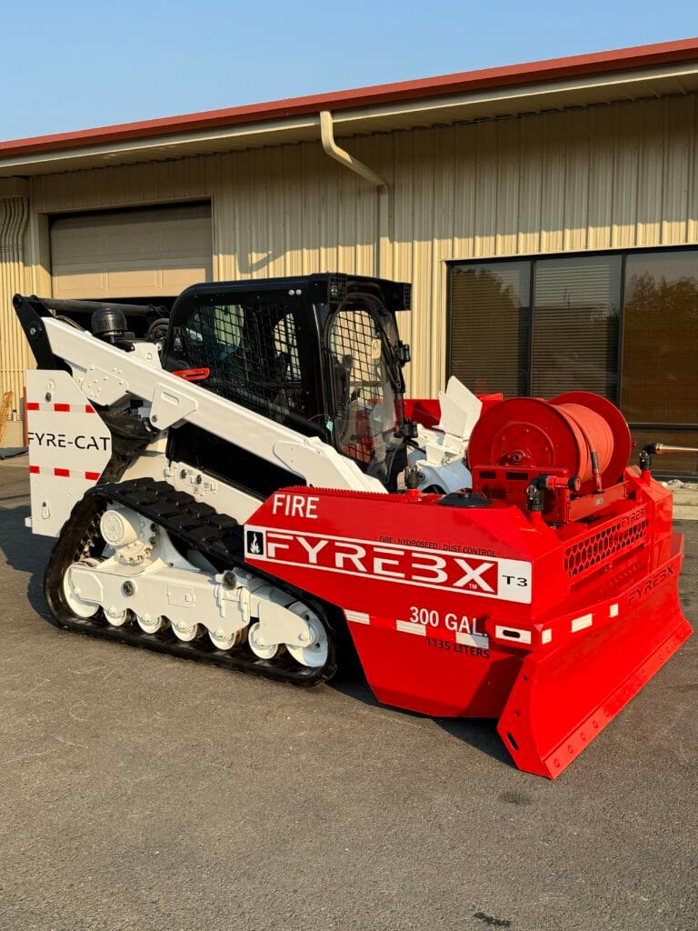 FYREBX brand skid steer implements for fire suppression and land seeding. 